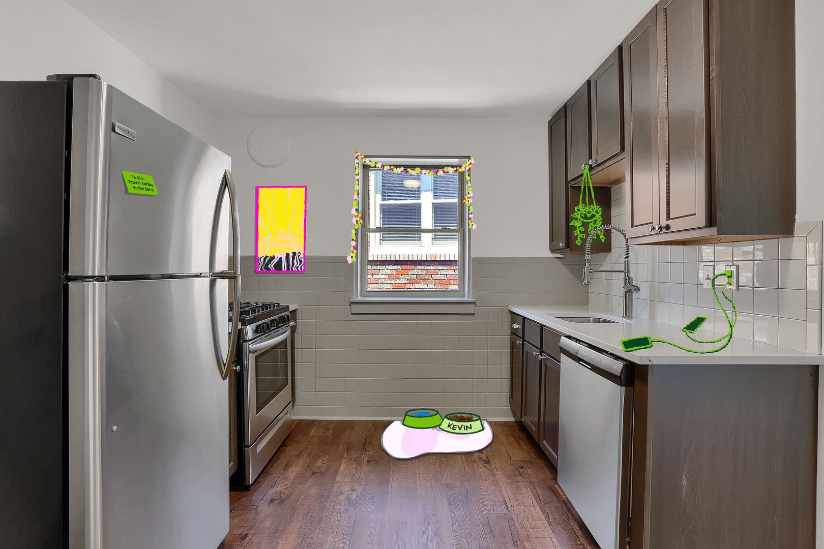 modern kitchen with illustrations superimposed