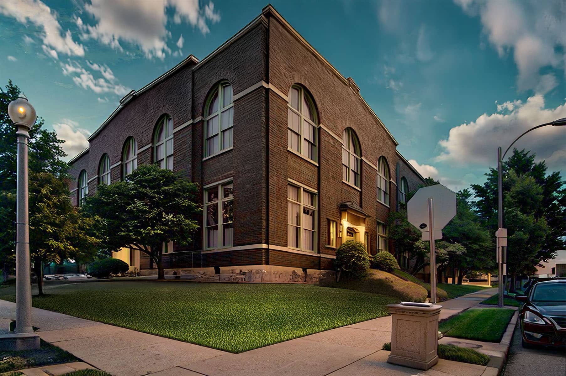Historic brick building on a corner lot at dusk, featuring large arched windows and classic architectural details. The building is surrounded by well-maintained landscaping, including trimmed grass, mature trees, and shrubs. Streetlights and a stop sign are visible, along with a quiet residential street lined with sidewalks and parked cars. The sky is partly cloudy with a soft, evening glow.